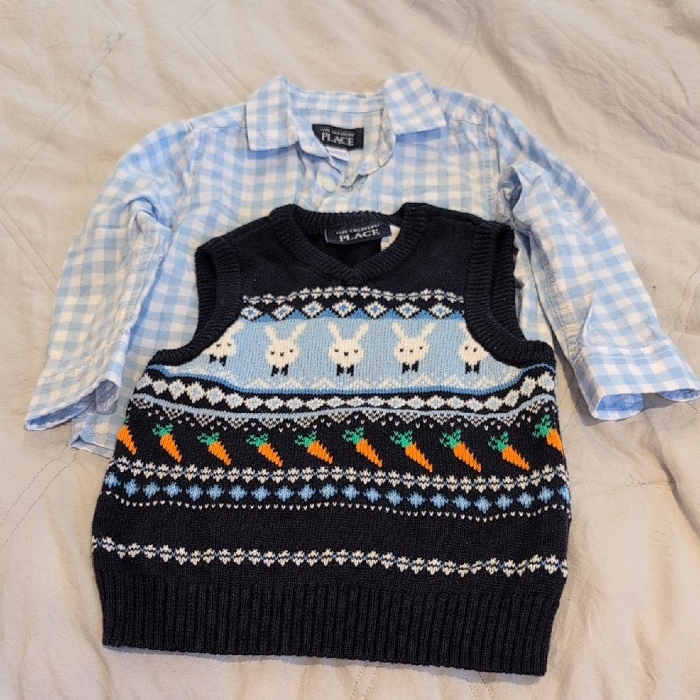 The Children's Place Light Blue Plaid Shirt with Black Bunny Vest